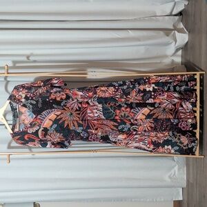 Floral Patchwork Midi Dress in Black and Coral